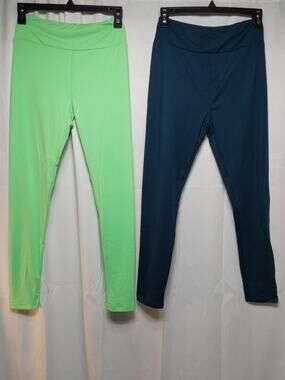LuLaRoe OneSize Blue/Neon Green High-Waist Ankle Leggings 2 Pack #J11